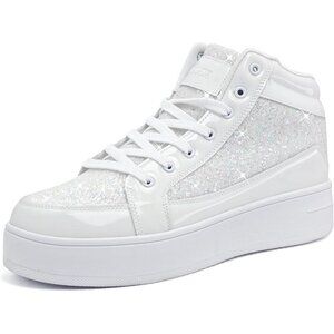 Women's White Shiny Glitter Sequin Shoes High Top Sneakers Fashion Bling